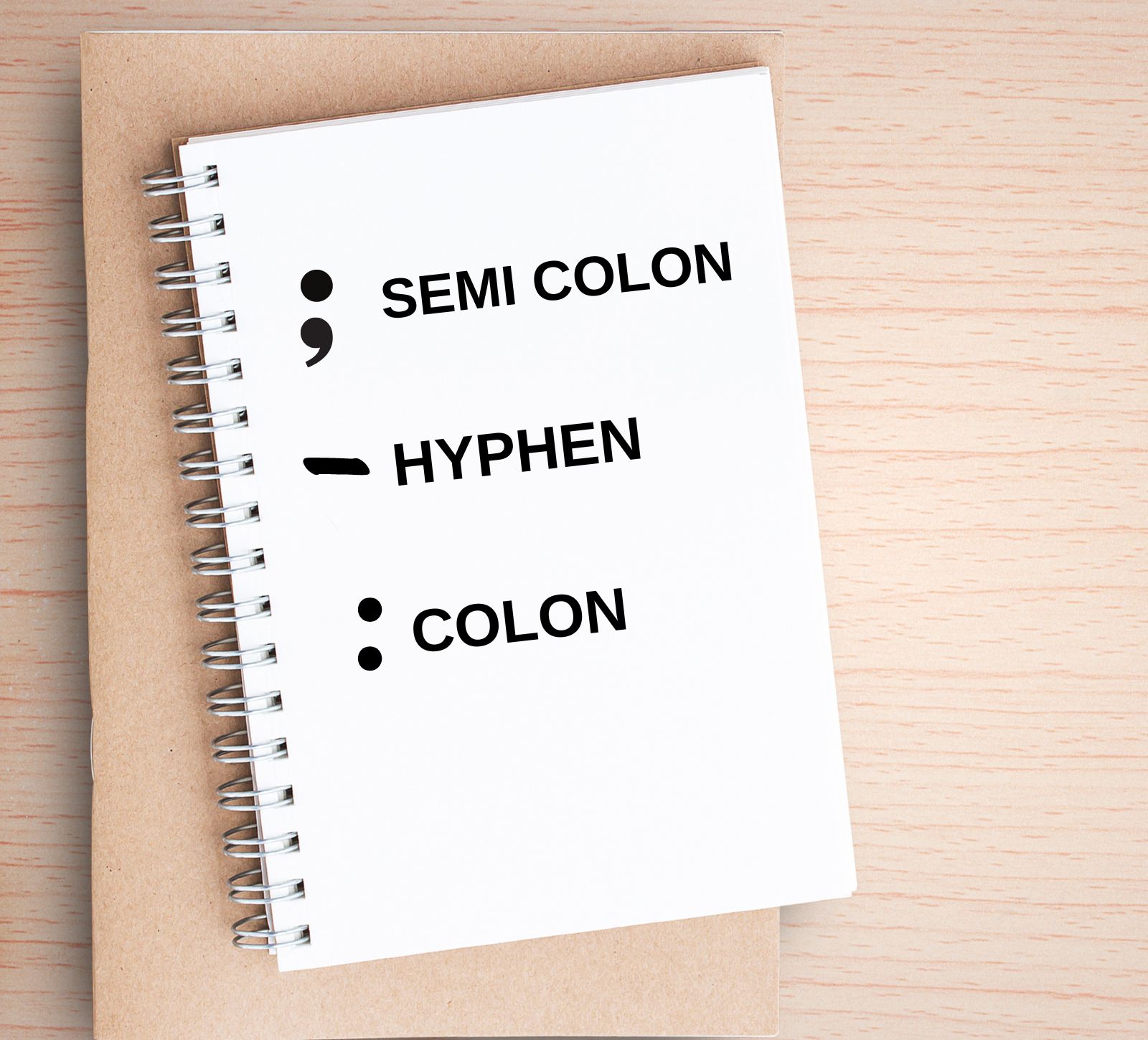 Kitchen Table CEOs Blog - How to use Semi Colons, Hyphens and Colons - image of notebook on desk with the words semi colon, hyphen and colon on them - with examples of the icons.